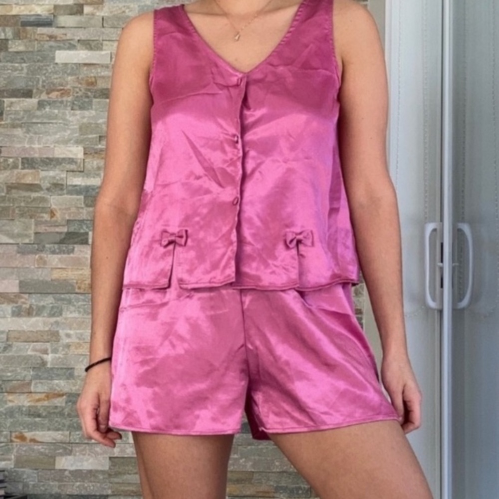Satin V-Neck Tank & Short Pajama Set - Pink